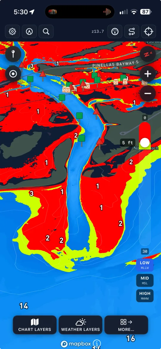 Hazard Advisor set to 5 ft in the channel under the Pinellas Bayway, with buoys, depth numbers and low, mid and high water buttons