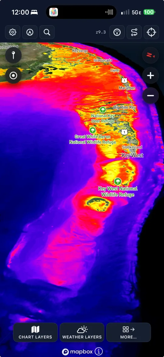 Depth shading across the Florida Keys in a warm thermal palette
