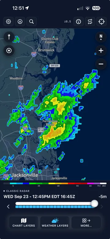 Observed radar over the Georgia and Florida coast with the frame slider.