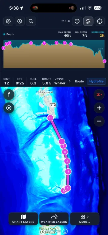 A route off Stock Island and its depth profile: 40 ft at most, 7 ft at least, 2 ft under the keel for a 5 ft draft.