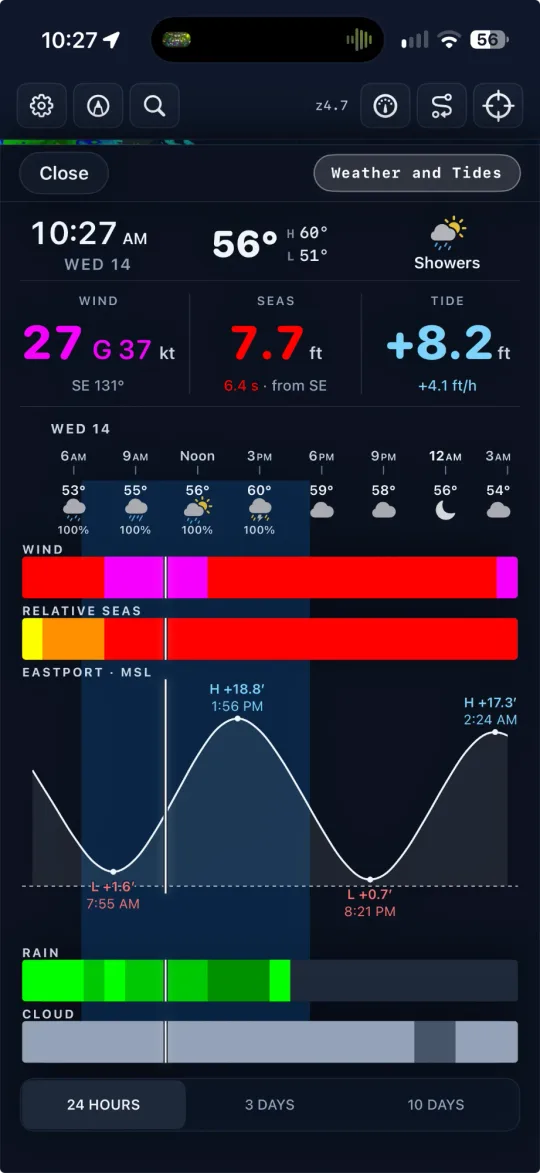 The weather card for a point near Eastport: wind 27 gusting 37 knots, 7.7 ft seas, and the tide, rain and cloud on one 24-hour timeline