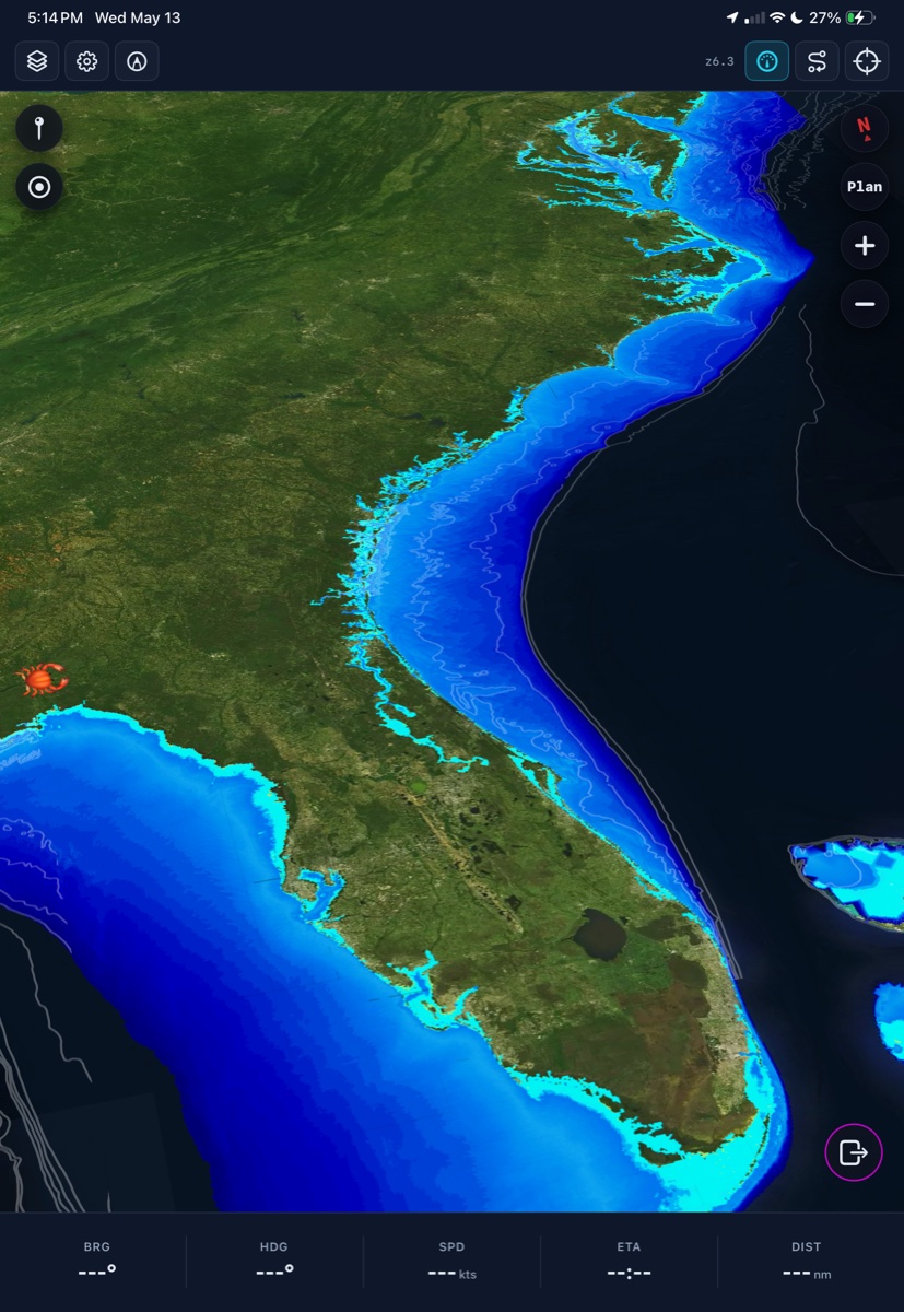 Florida and the U.S. East Coast under BoatClaw continuous bathymetric shading