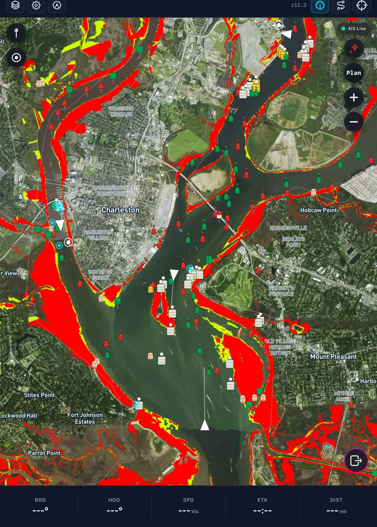 Hazard Advisor overlay highlighting shallow-water risks in Charleston Harbor