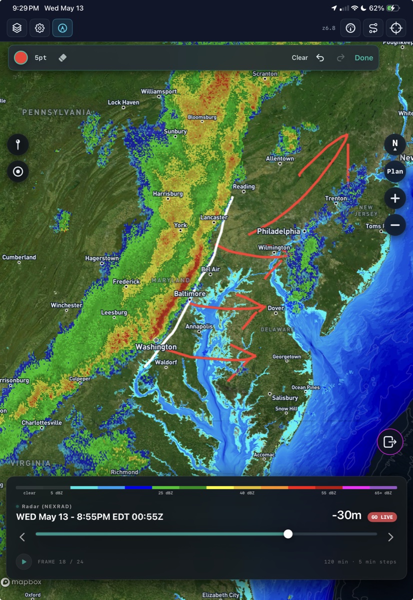 NEXRAD radar across the Mid-Atlantic with storm-direction annotations