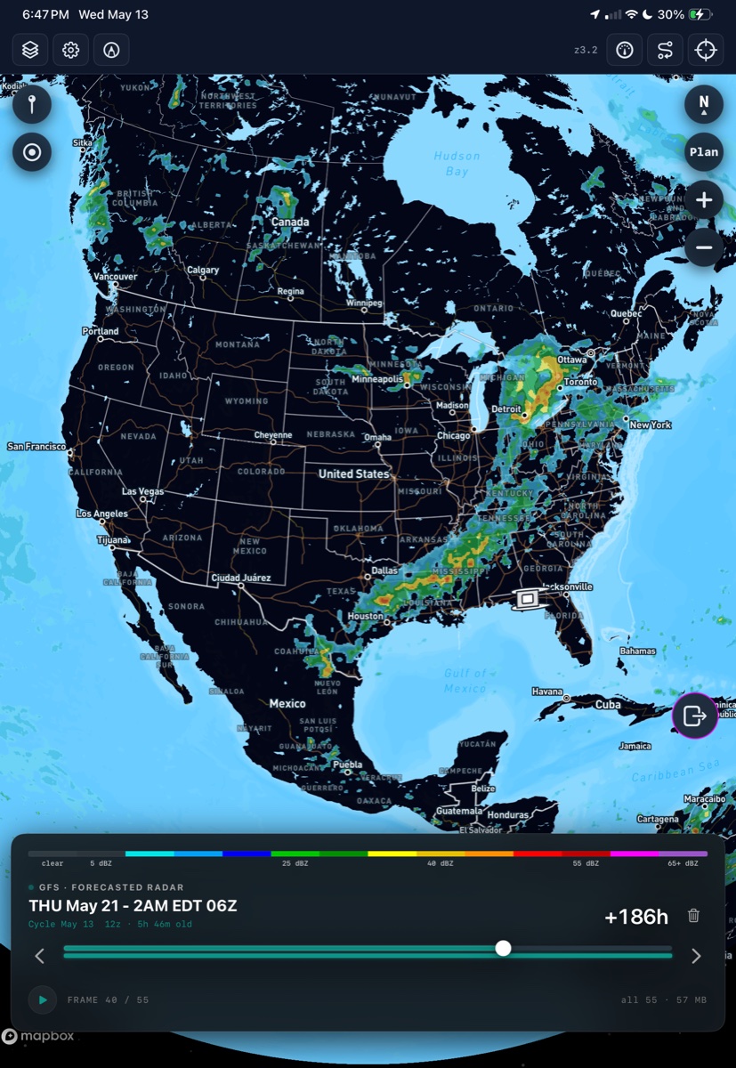 GFS forecasted radar across North America, 186 hours from cycle