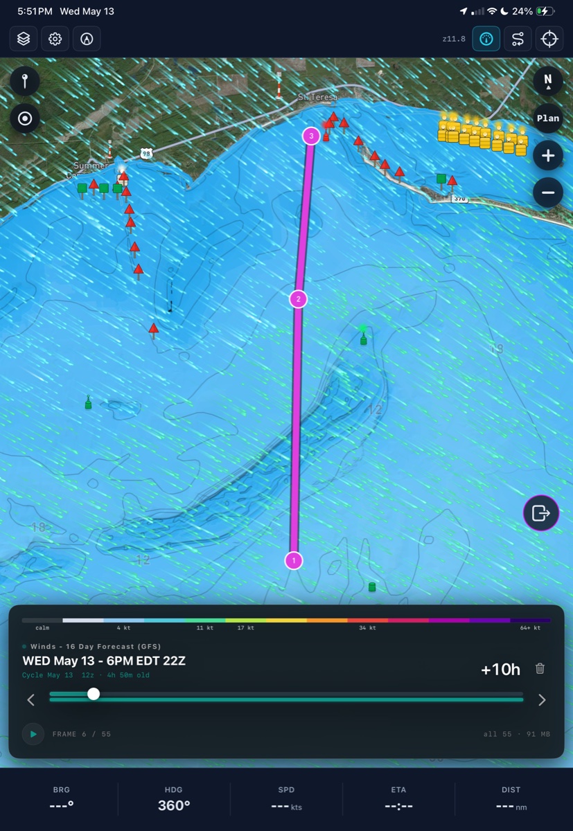 Three-waypoint route off St. Teresa with a 16-day GFS wind forecast overlay