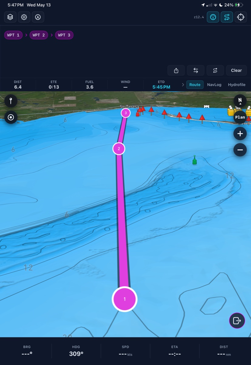 Route detail with NavLog, ETD, fuel, and bathymetric depth contours under the leg