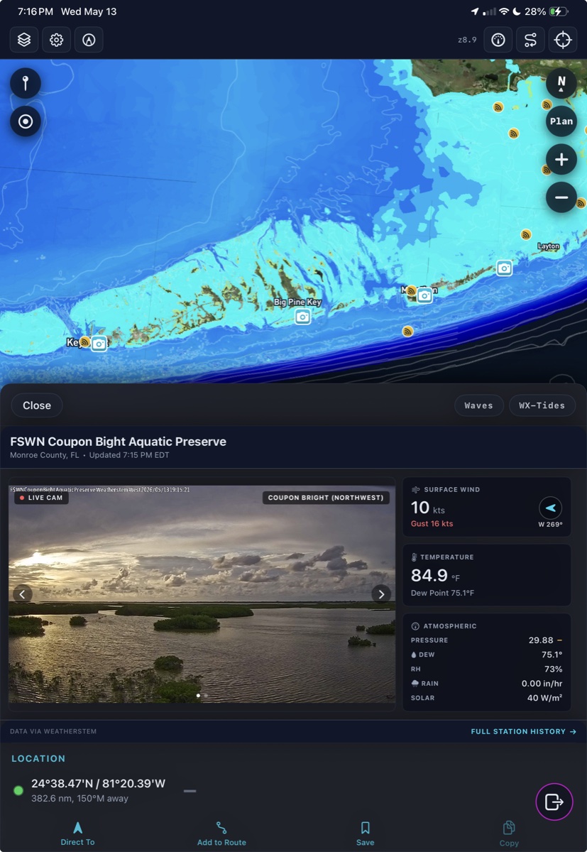Coupon Bight live camera with surface wind, temperature, and atmospheric readings